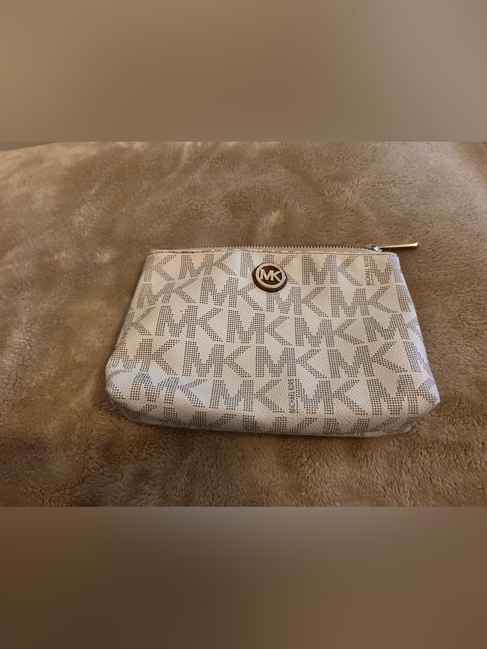 Michael Kors Beige Cream MK Logo Zip Pouch with Gold Emblem